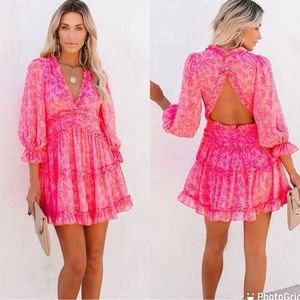 Vici At First Blush Tiered Ruffled Open Back Mini Dress - Barbiecore - Size M